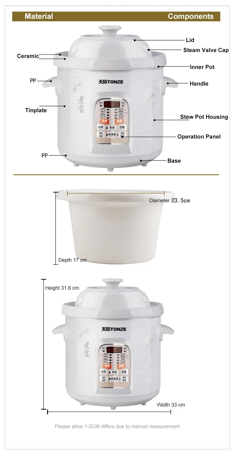 Tonze White Porcelain Electric Slow Cooker Ceramic Stew Pot DGD40-40CWD 4L detail image 13