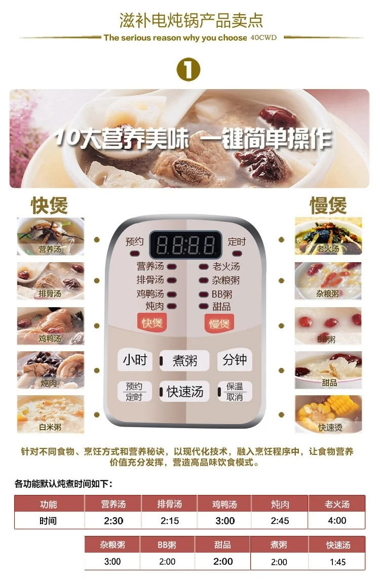 天际Tonze 滋补养生白瓷电炖锅DGD40-40CWD 4L 玻化全瓷内胆 快慢两煲更营养 原汁原味 详情图 8