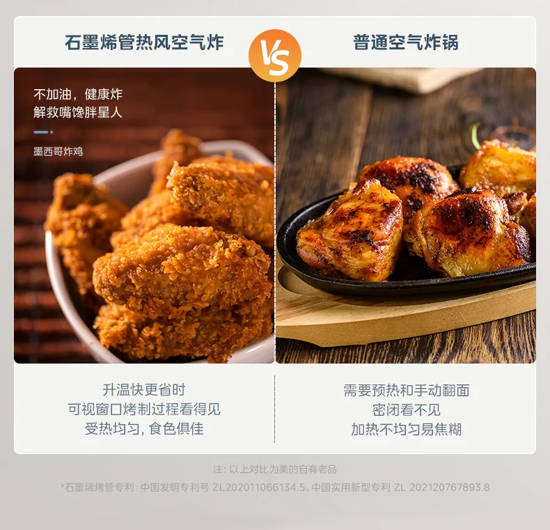 美的微蒸烤石墨烤管热风空气炸优势展示 比普通空气炸锅升温快 受热更均匀