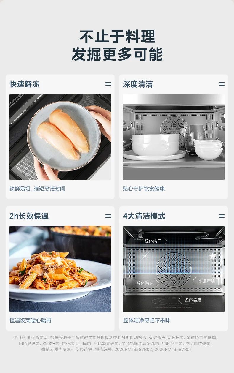 美的微蒸烤一体机其他特色功能 解冻/清洁/保温/干燥等 用途广泛