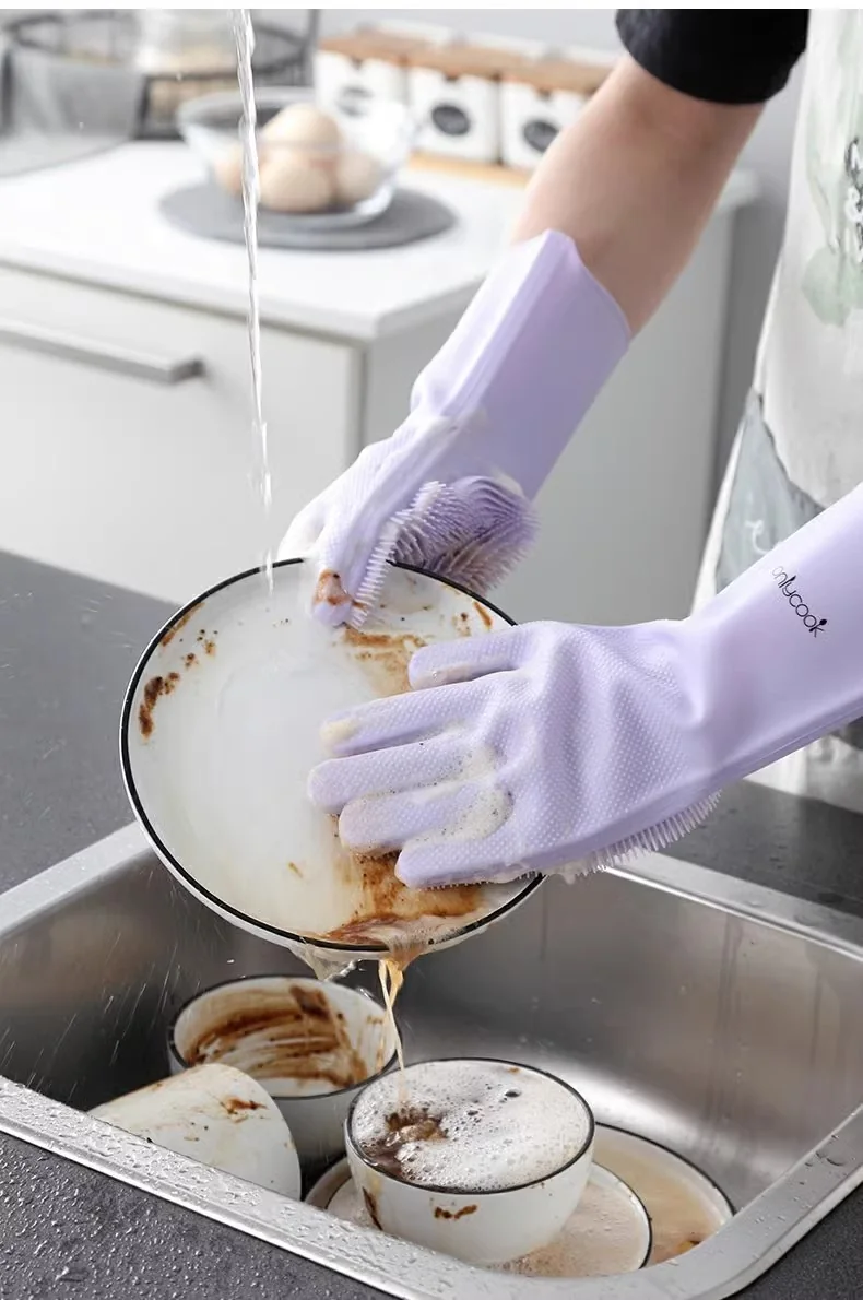 【中国直邮，时效8-20】onlycook加厚硅胶洗碗手套 厨房家用防水护手刷碗神器家务清洁刷子 北欧绿 detail image 13