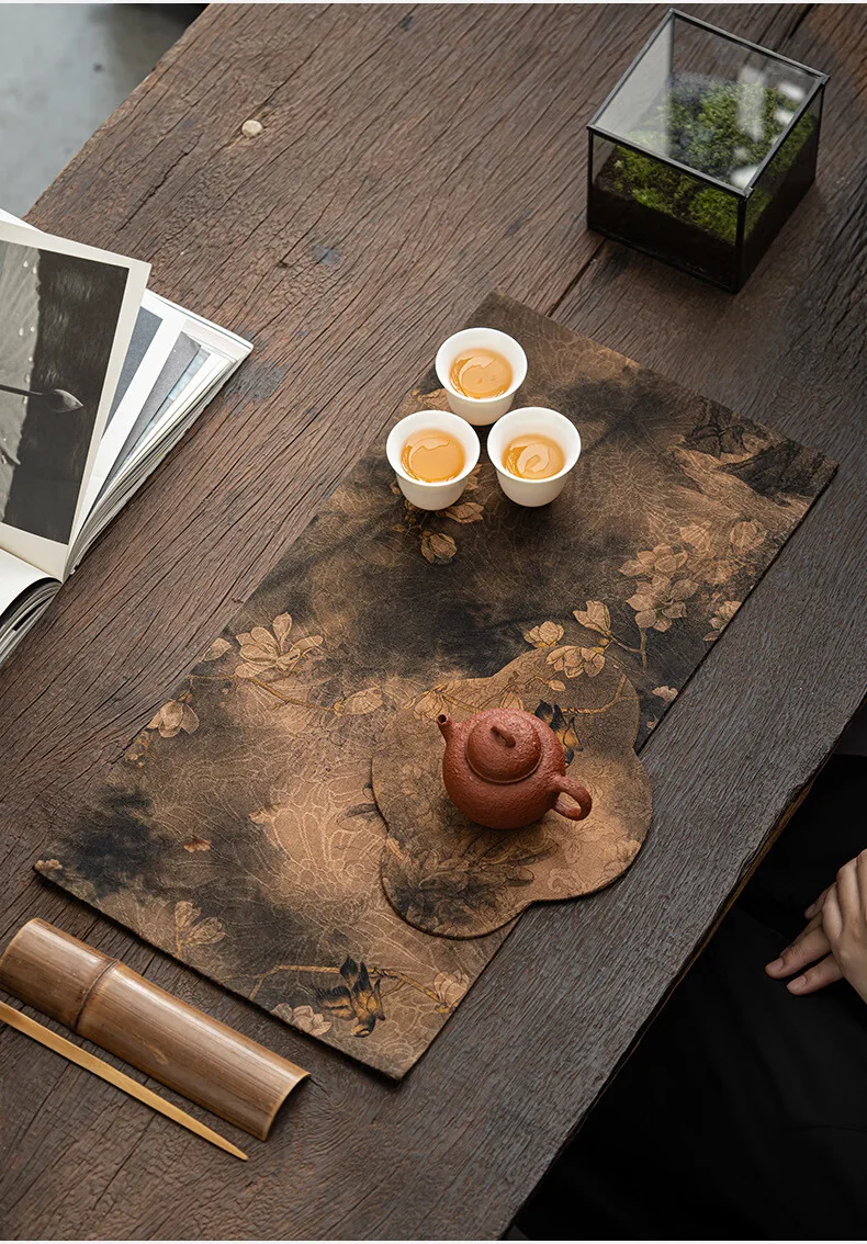 【Direct Shipping from China, Delivery in 8–20 Days】Pinchake Reversible Gambiered Guangdong Silk Dry Tea Mat and Teapot Pad, Vintage Chinese Zen Table Runner, Magnolia Design detail image 6