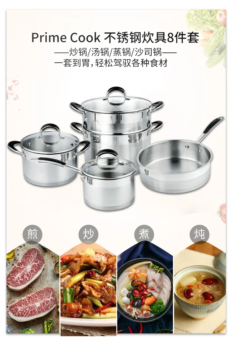 Prime Cook Stainless steel cookware 8 piece set, With glass lid, Suitable for magnetic furnace and gas detail image 1