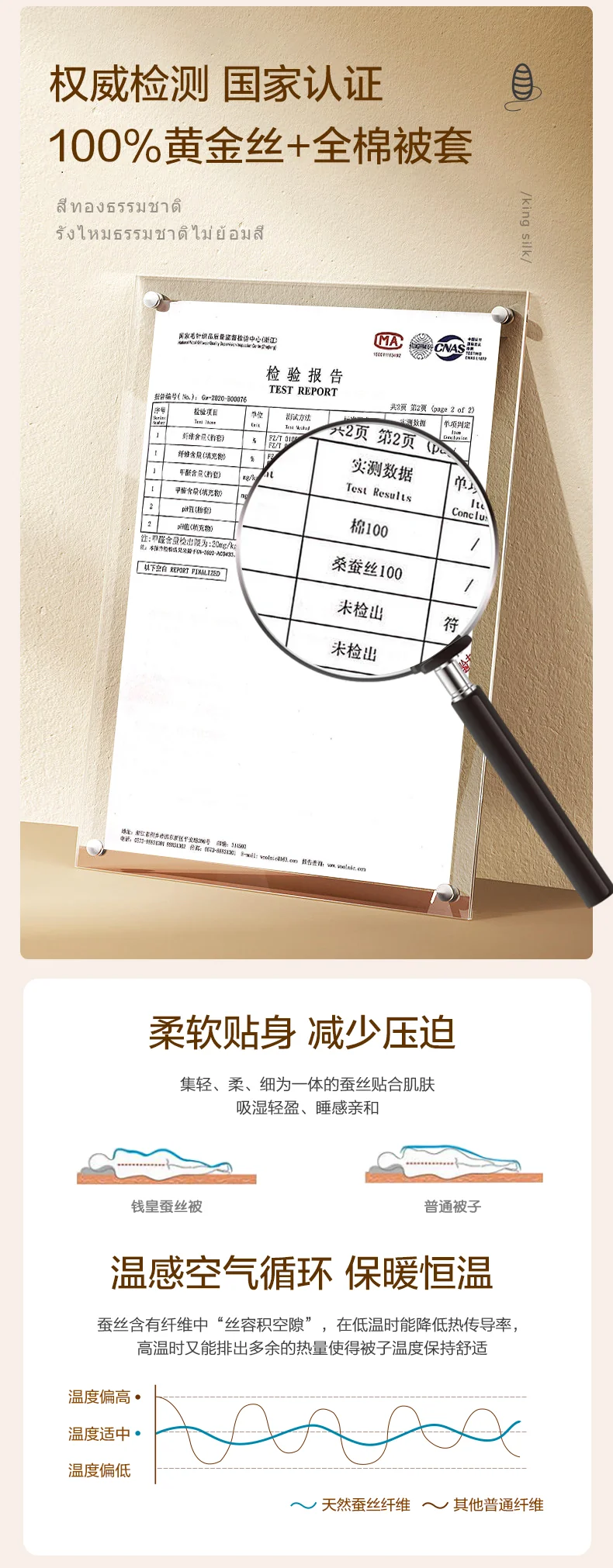 【中国直邮，时效8-20天】钱皇 100%双宫茧黄金桑蚕长丝被 多项专利技术 优中选精 220*240cm 详情图 10