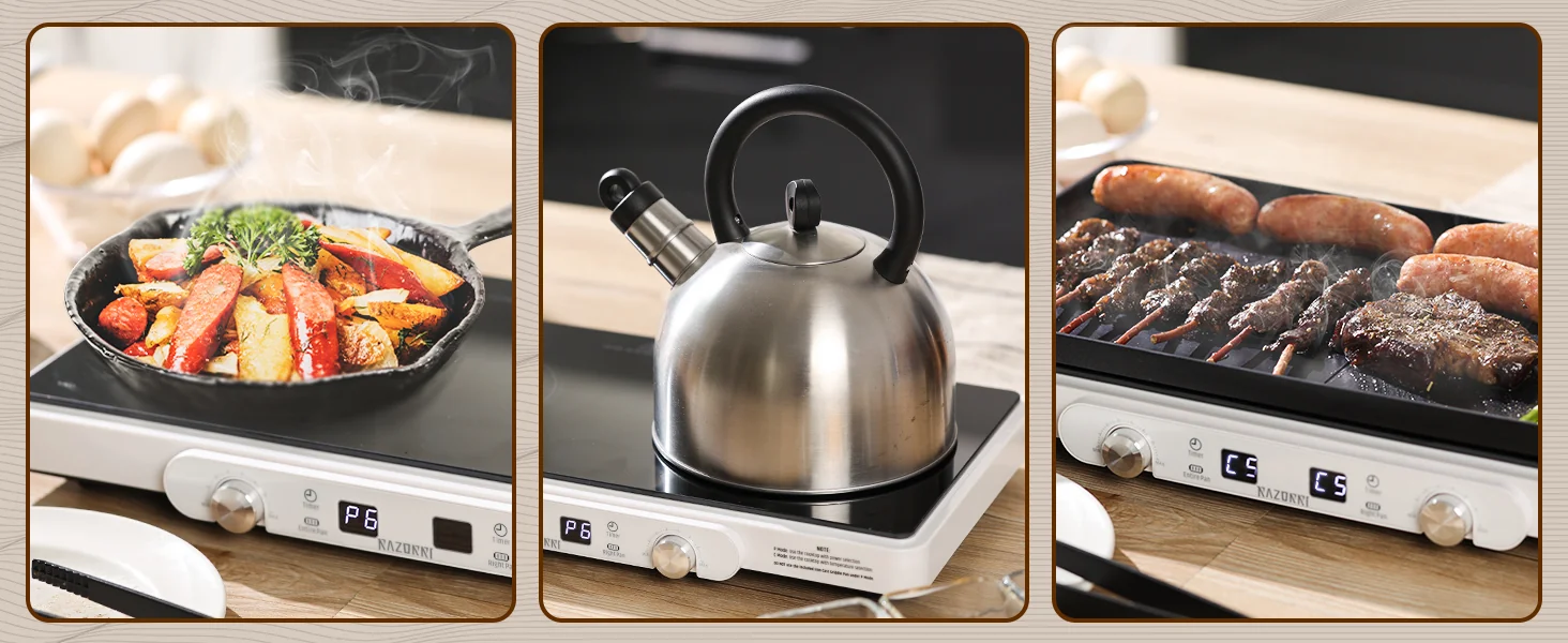 Razorri Countertop Induction Cooker with Double Burners and Cast Iron Griddle 5 Temperature Modes 7 Power Options with Timer Suitable for Outdoor BBQ Garden Party (1800W) detail image 2