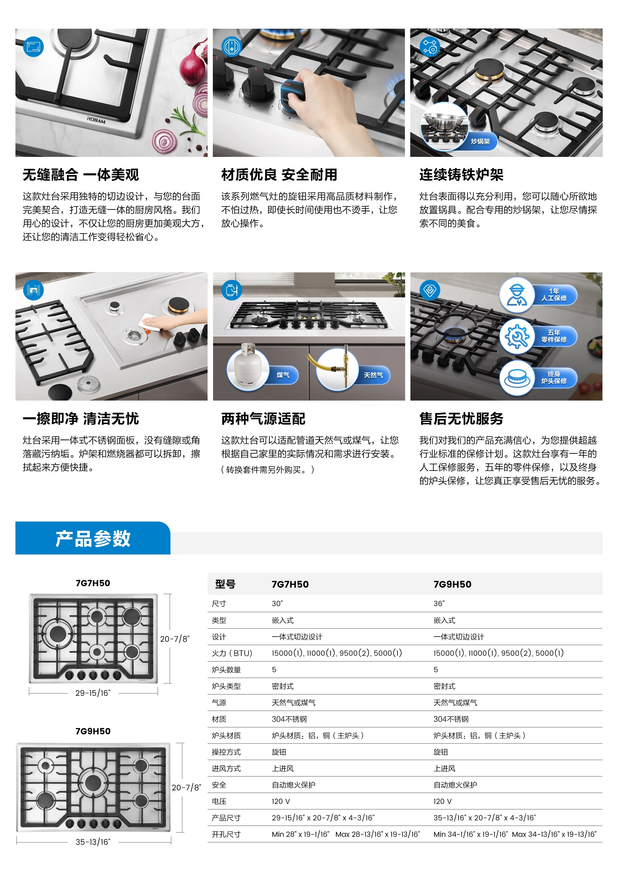 【有赠品】ROBAM老板 大火力灶具7G9H50 36英寸|双燃料（NG/LPG） 5炉布局 全黄铜炉头 detail image 3