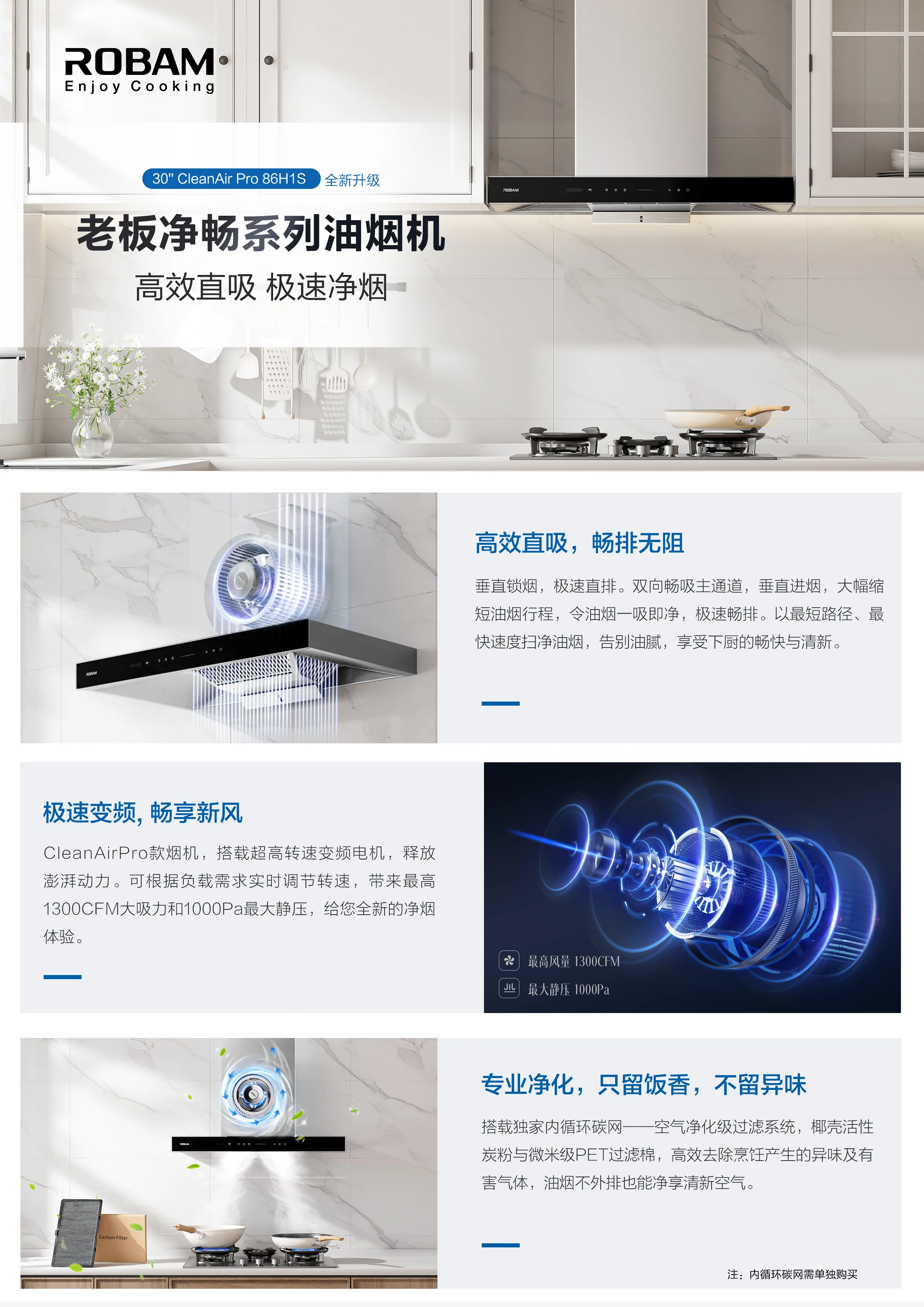 ROBAM老板 净畅系列油烟机86H1S 30英寸|1300CFM 手势感应 自动调速 变频强净 急速直吸 detail image 1