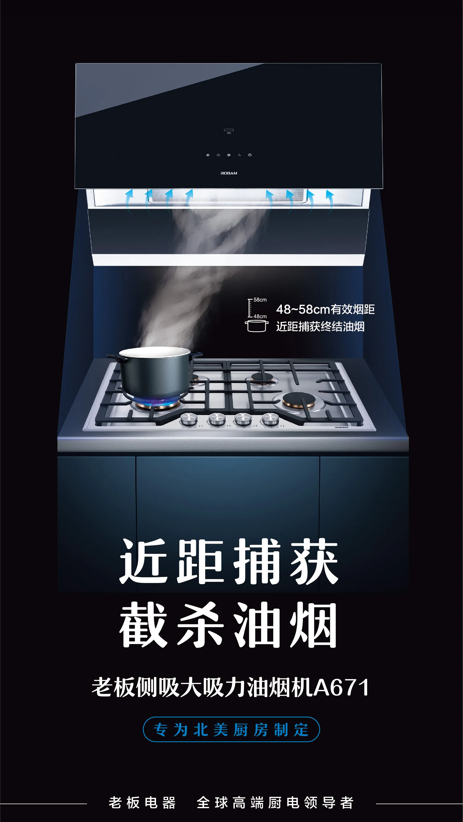 ROBAM A671 Side suction high suction range hood, High air volume, Wave induction detail image 3