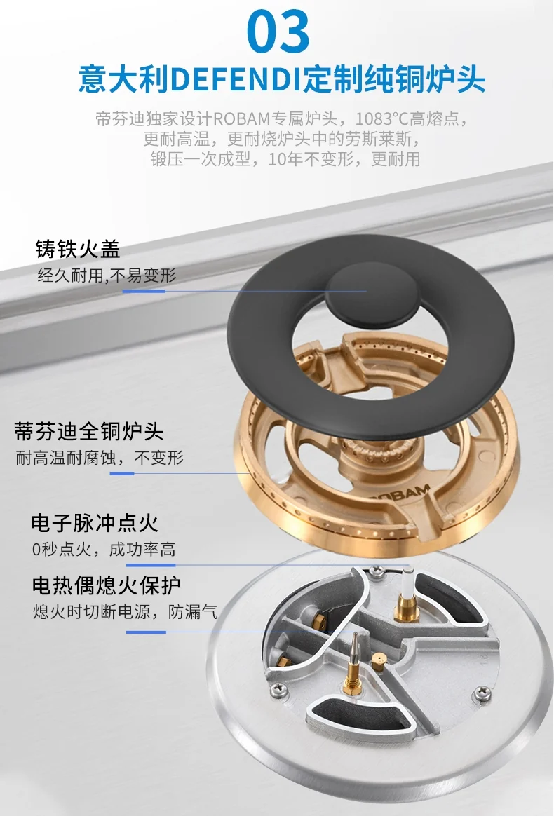 ROBAM High-power four-eye gas stove G413, Pure copper burner, Gathering Ring Fierce detail image 4