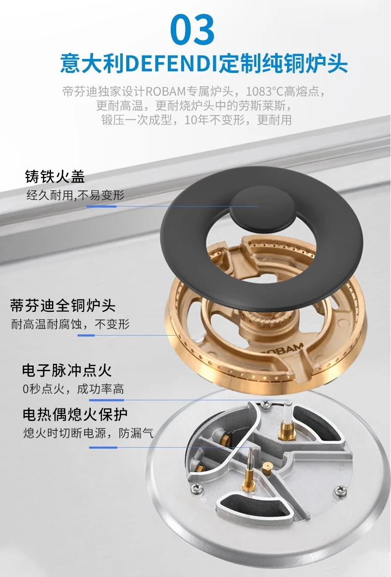 ROBAM High-power five-eye gas stove G513, Pure copper burner, Gathering Ring Fierce detail image 4