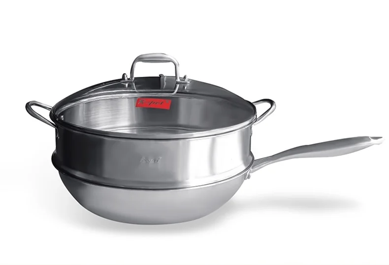 Ropot Woks stainless steel honeycomb pattern wok, steamer, three-piece lid, light oil and less smoke, universal for gas induction cooker, 32cm (12.6 inches) detail image 2