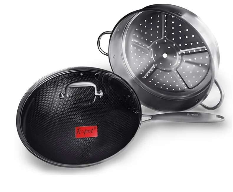 Ropot Woks stainless steel honeycomb pattern wok, steamer, three-piece lid, light oil and less smoke, universal for gas induction cooker, 32cm (12.6 inches) detail image 1