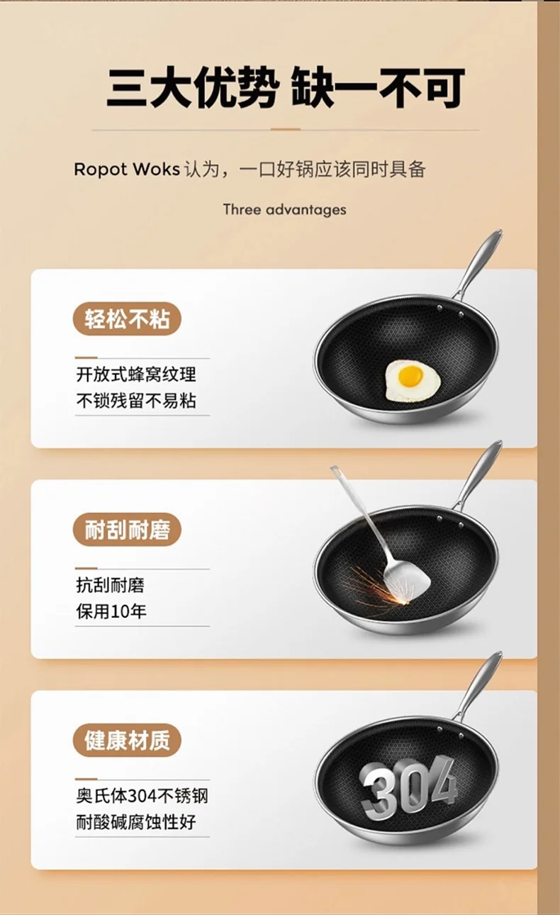 Ropot Woks stainless steel honeycomb pattern wok, steamer, three-piece lid, light oil and less smoke, universal for gas induction cooker, 32cm (12.6 inches) detail image 5