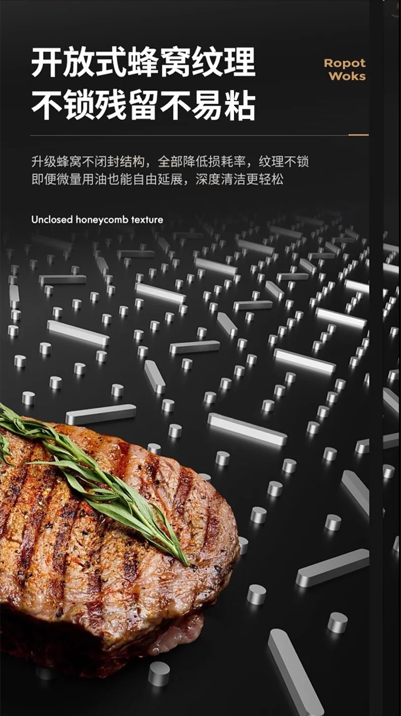 Ropot Woks stainless steel honeycomb pattern wok, steamer, three-piece lid, light oil and less smoke, universal for gas induction cooker, 32cm (12.6 inches) detail image 6
