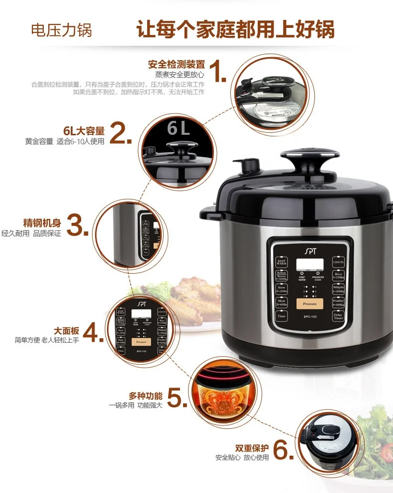 SPT尚朋堂不锈钢电压力锅6L EPC-13C 一键泄压  高压烹饪 智能预约 详情图 2