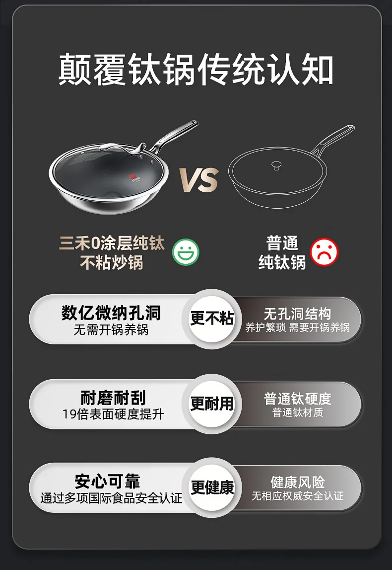 Sanhe 0-Coating Pure Titanium Wok, Non-stick Titanium Pan, Low-Smoke Wok, Suitable for Gas Stove and Induction Cooker, 32cm detail image 6