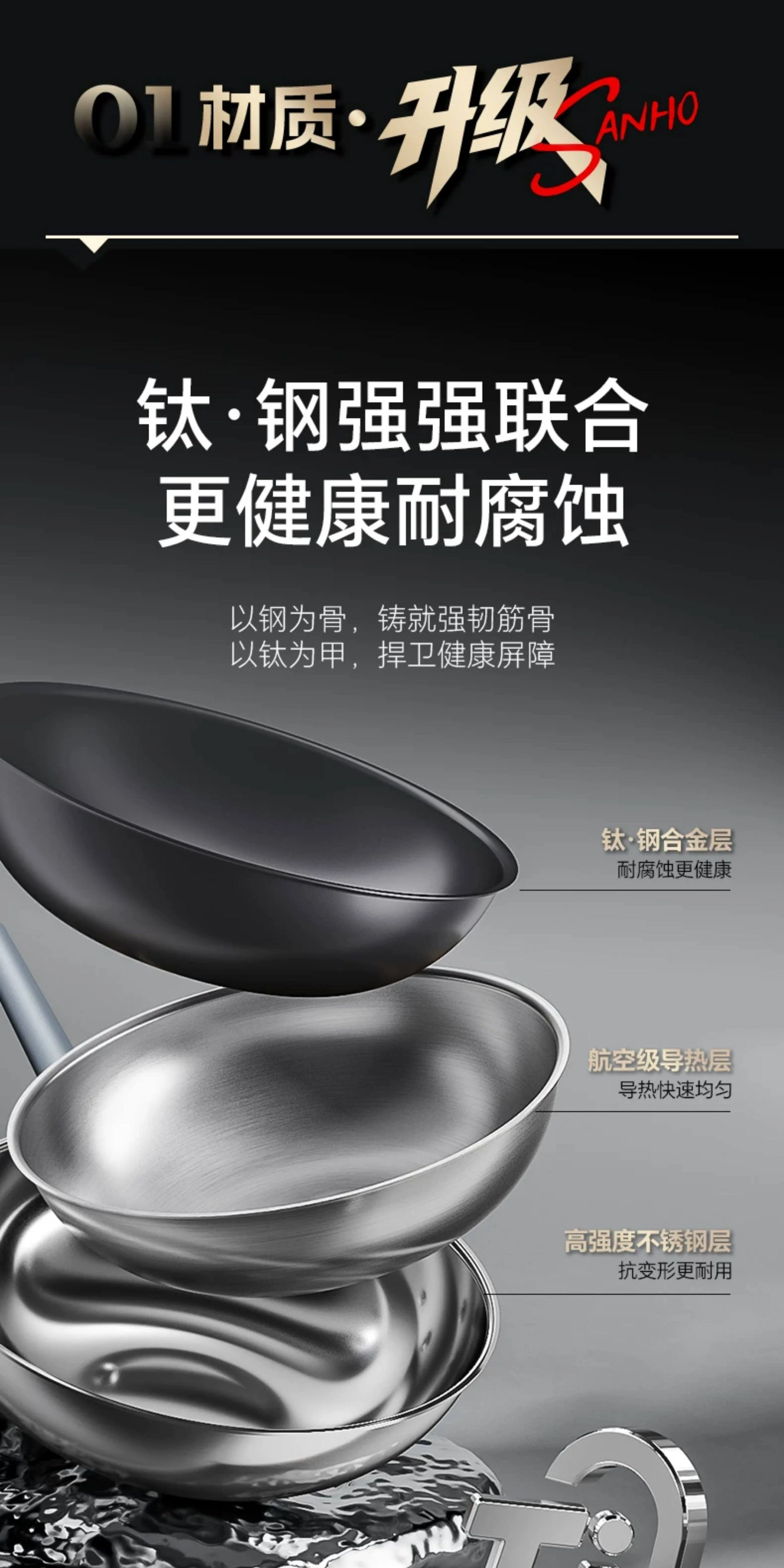 Sanhe 0-Coating Titanium Steel Non-stick Wok, Stainless Steel Frying Pan, Household Uncoated, Suitable for Induction Cookers and Gas Stoves, 32CM detail image 4