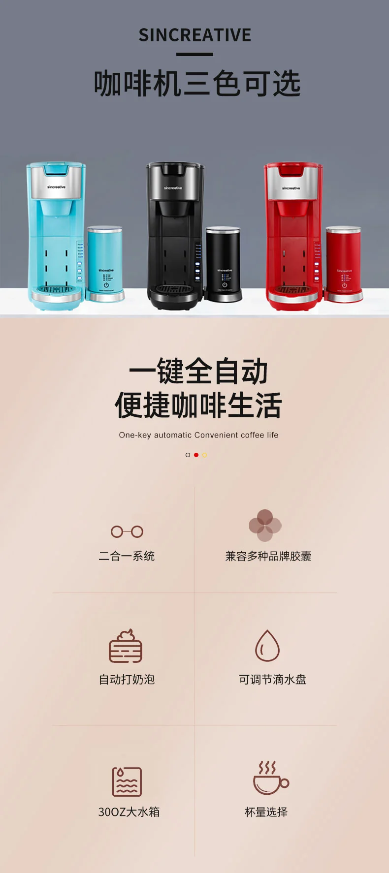 Sincreative Automatic Home Coffee Machine  KCM207 Automatic Milk Frothing K CUP/Coffee Powder Combo Three Colors Optional detail image 2