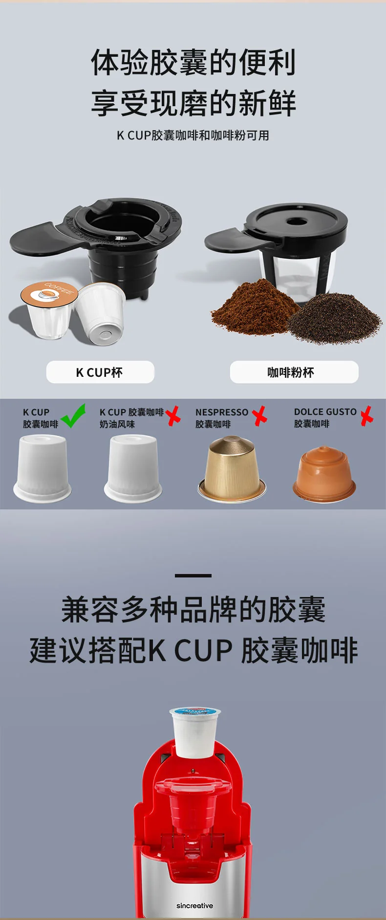 Sincreative Automatic Home Coffee Machine  KCM207 Automatic Milk Frothing K CUP/Coffee Powder Combo Three Colors Optional detail image 3