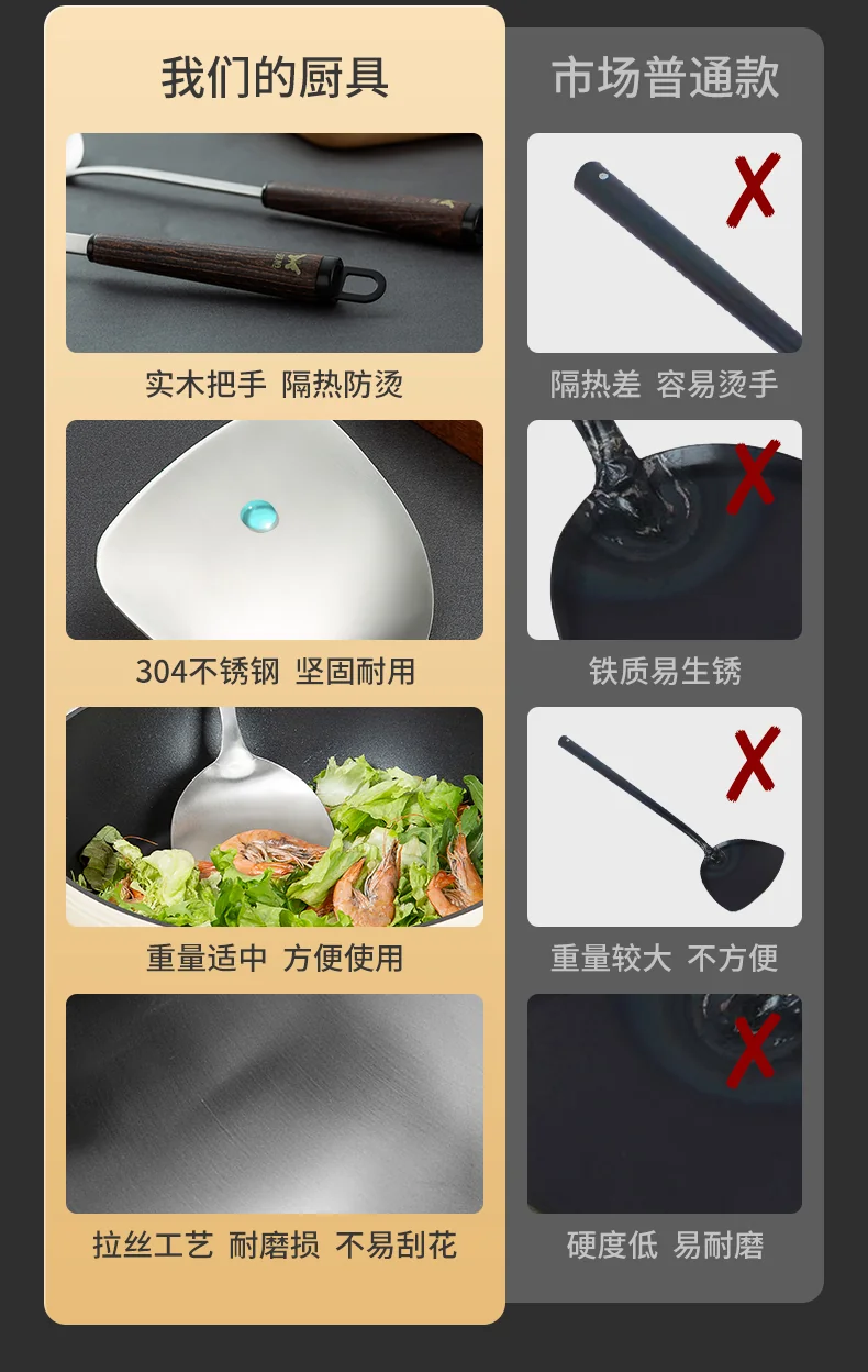 Suncha 双枪304不锈钢锅铲炒菜铲子 实木手柄不锈钢厨具 detail image 3