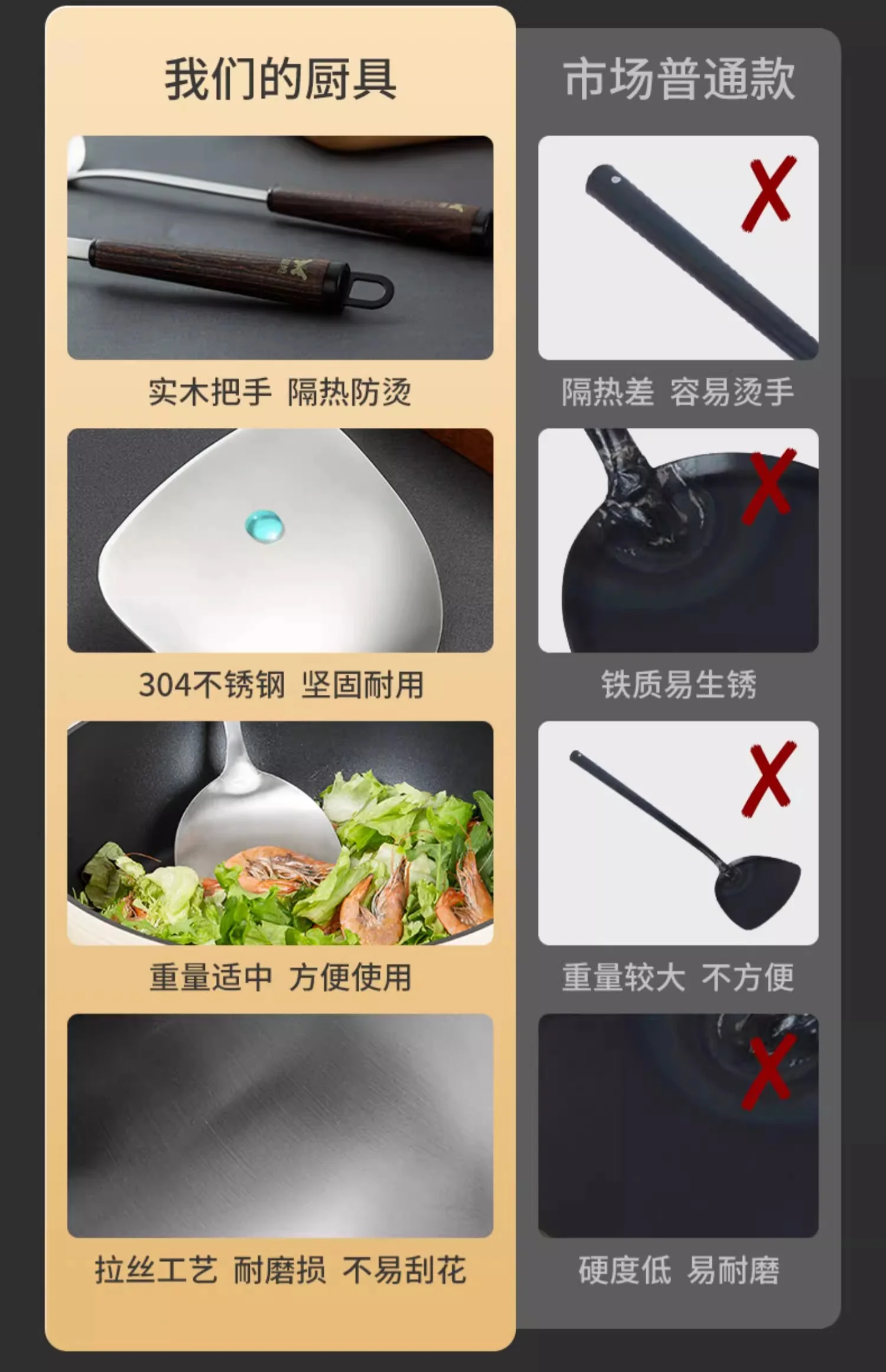 双枪锅铲304不锈钢炒菜铲子家用榉木手柄铲子 DC64000 detail image 4