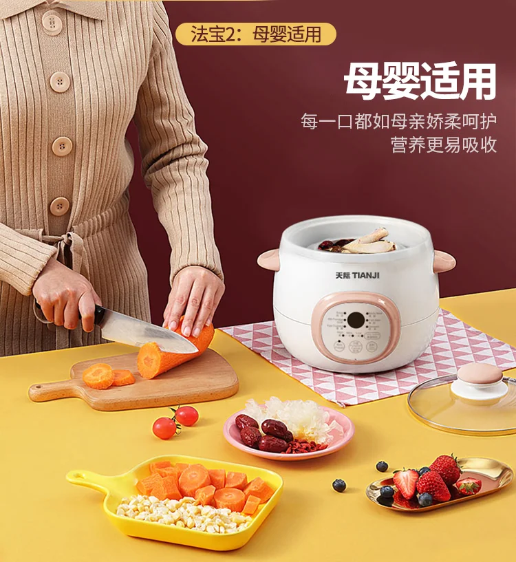 TONZE  Tianji Electric Stew Pot, Ceramic Soup Porridge Cooker, Slow Cookers with Lid, 1L, White detail image 6