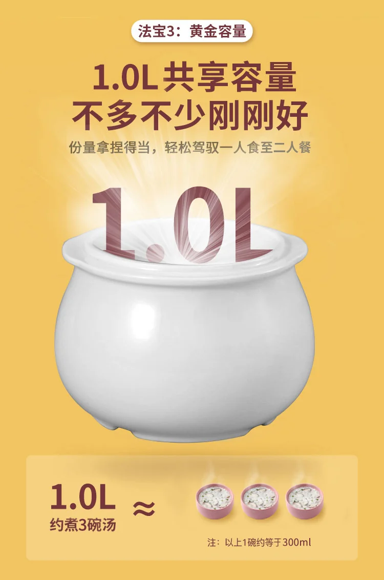 TONZE  Tianji Electric Stew Pot, Ceramic Soup Porridge Cooker, Slow Cookers with Lid, 1L, White detail image 7