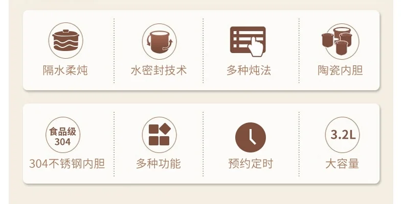 Tianji天际 全自动隔水电炖盅3.2L DGD33-32EG 一锅四胆 水密封陶瓷内胆 隔水柔炖 滋补炖品锅 详情图 2