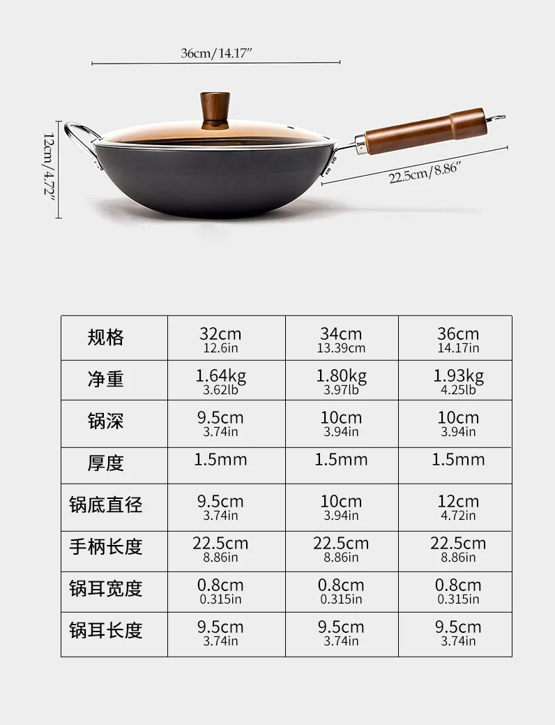 Wang Yuanji, Household suffocating wok, Cast iron pan, Healthy, Uncoated, Light oil, Less smoke, Not easy to rust, 32/34/36cm detail image 14