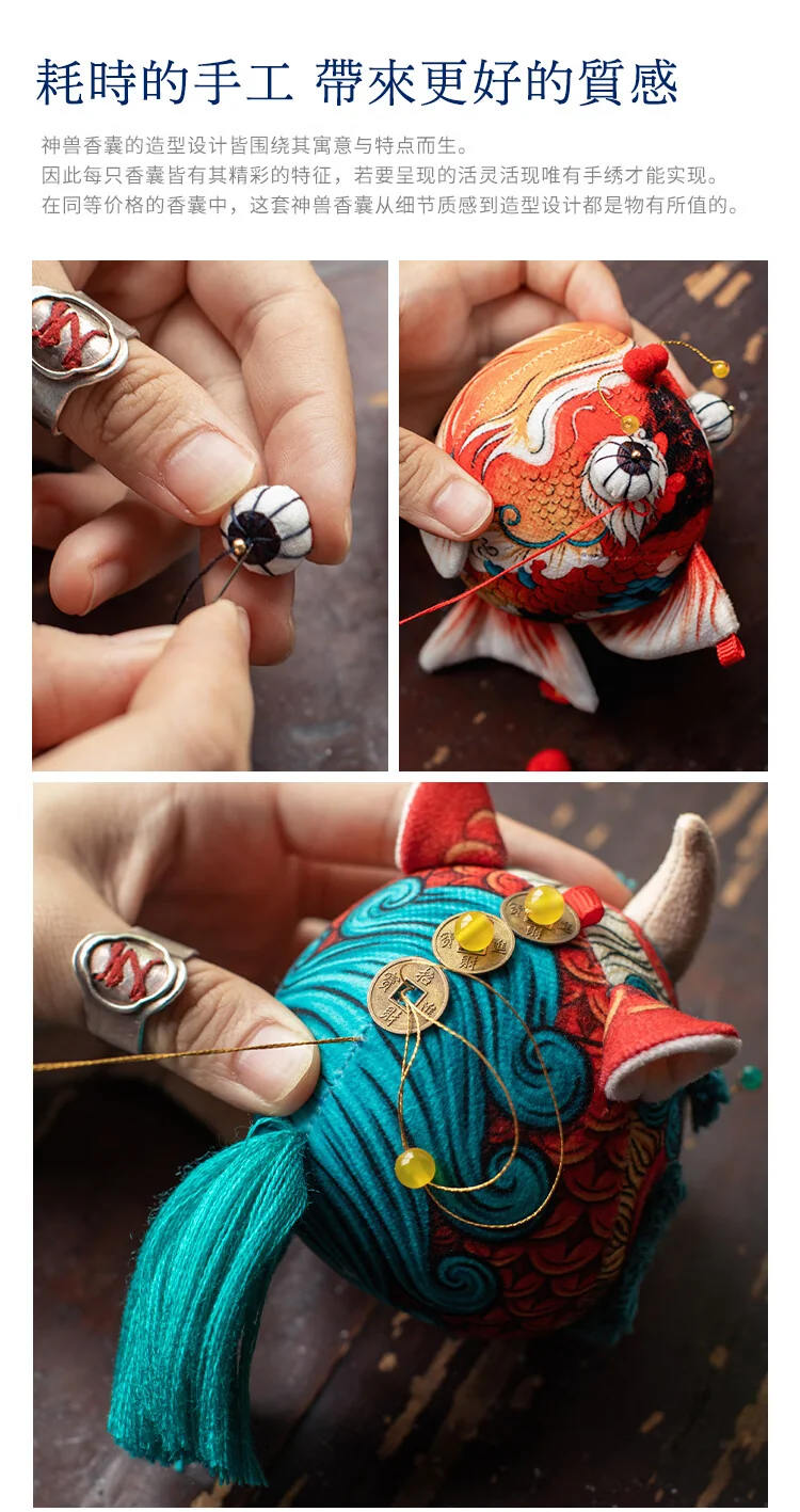 【Direct Shipping from China, Delivery in 5–12 Days】Wang’s Handcraft Scented Sachet Pendant, Chinese Herbal Mugwort Talisman, Hand-Embroidered Pixiu Mythical Beast, May Everything Go as Wished, Lion Dance Design detail image 3