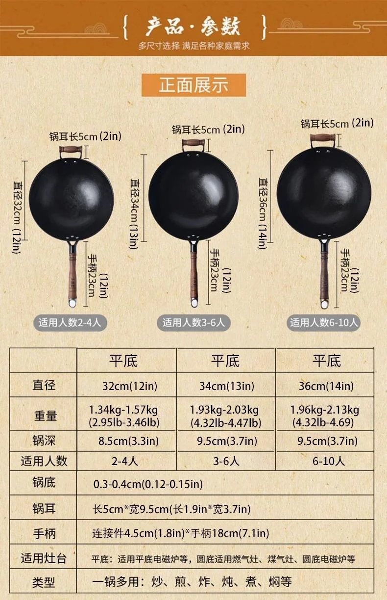 王源吉 家用古法炒锅铸铁锅+年轮煎锅套装 健康无涂层 轻油少烟 燃气灶可用 32/34/36cm 详情图 16