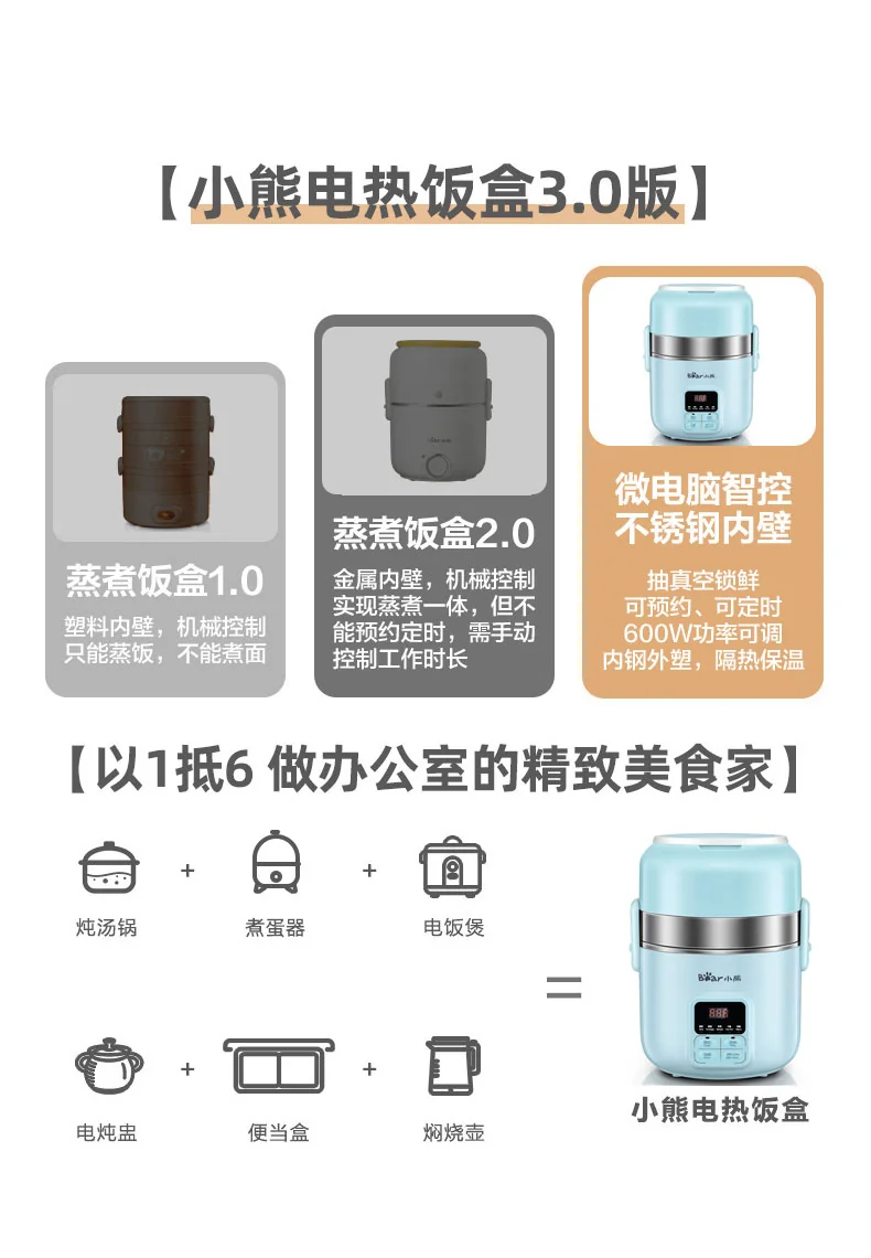 Bear intelligent electric steamed and cooked mini rice cooker hot pot, Pluggable and heated 2L detail image 6