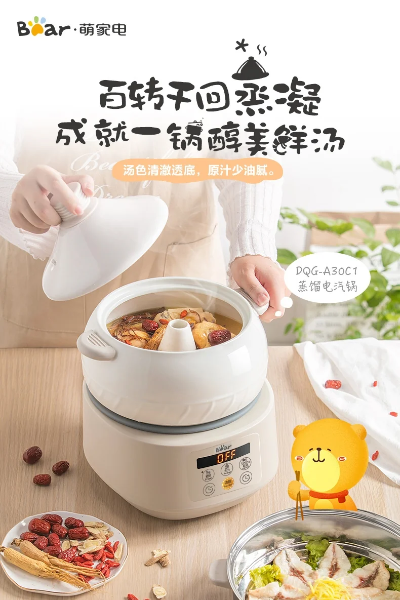 Bear  Multi-functional Electric Steam Cooker DQG-A30C1 with Natural Ceramics Pot  Distilled Cooking  3L detail image 1