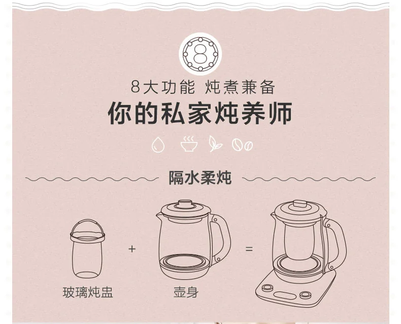 Bear Automatic Thickening Glass Health Pot Bird's Nest Pot YSH-C18R1 Stew Dual-Purpose Double Cover Stew Pot Pink detail image 5