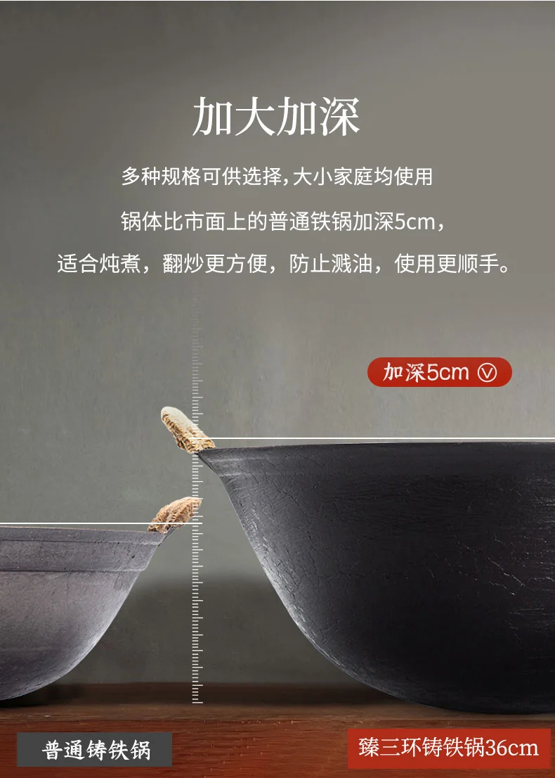 Zhensnahuan double ear cast iron pot Handmade cast iron pot with moiré pattern Uncoated Lightweight and durable Special for open fire 32/36/38/40cm detail image 11
