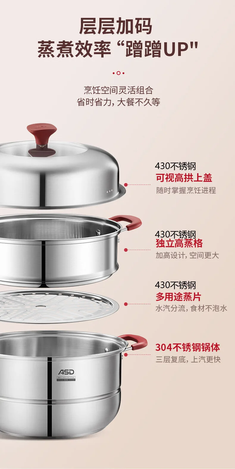 ASD爱仕达 304不锈钢蒸锅 蒸笼二层 燃气电磁炉通用锅具 32CM detail image 9