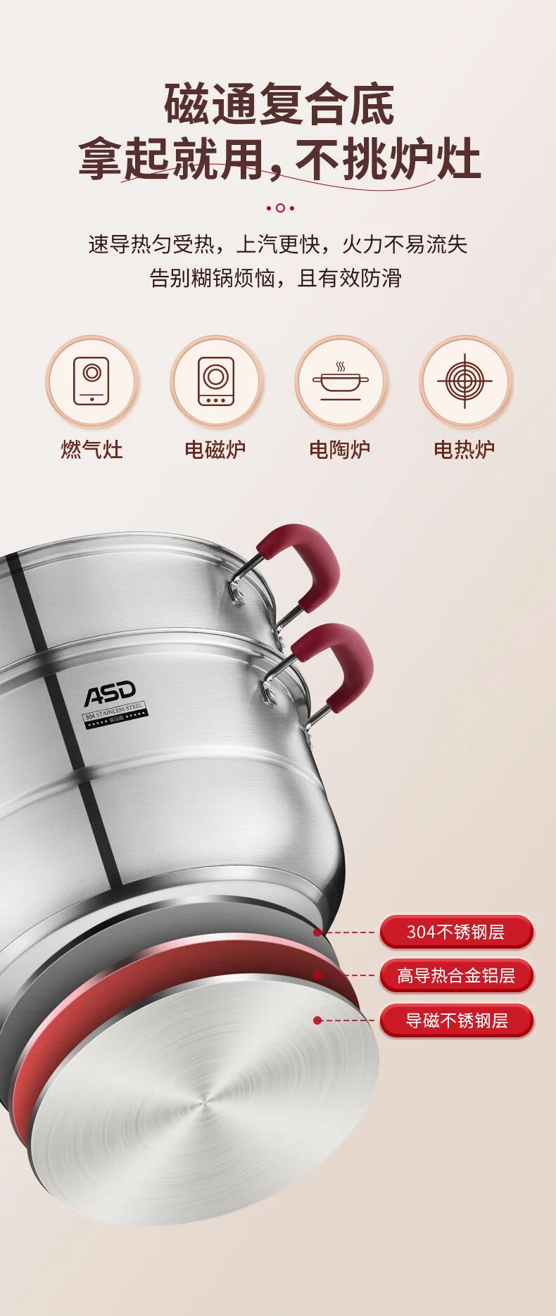ASD爱仕达 304不锈钢蒸锅 蒸笼二层 燃气电磁炉通用锅具 32CM detail image 14