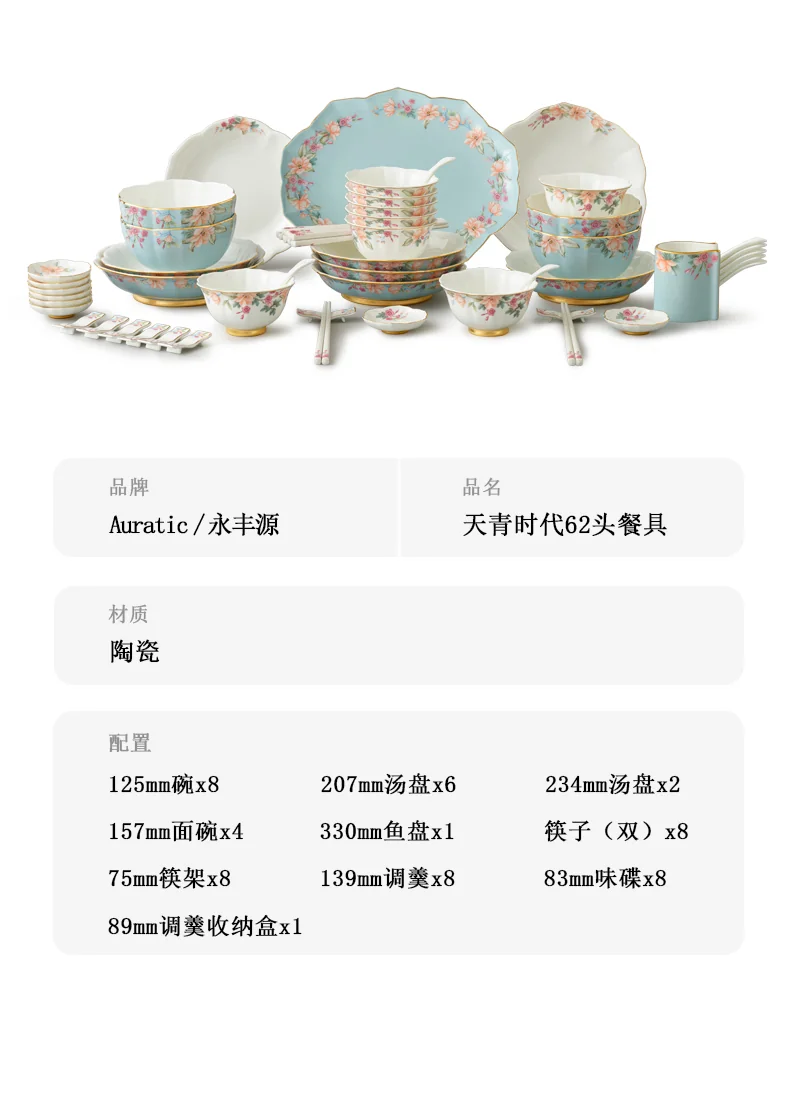 【中国直邮，时效10-15天】Auratic 国瓷永丰源 天青时代62头餐具套装 碗碟勺组合 定制版新年礼盒  8人位 detail image 10