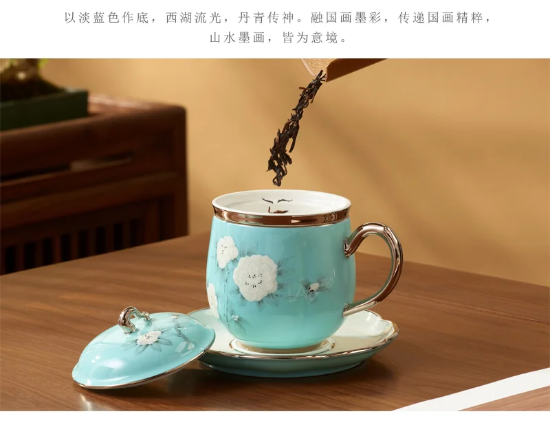 Auratic, "Mrs. Porcelain" Series, Hand-painted Blue, 4-piece Lid Cup, Ceramic Tea Cup, 280ml detail image 4