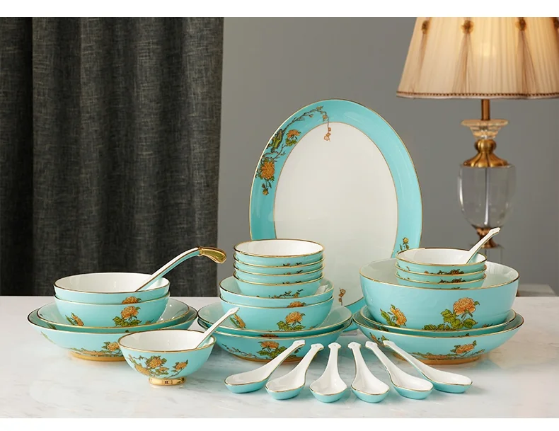 中式精美餐具·AURATIC 国瓷永丰源夫人瓷西湖蓝22头家用碗盘碟勺陶瓷