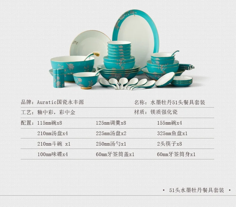【中国直邮，时效10-15天】Auratic 国瓷永丰源 水墨牡丹 51/79头餐具套装 -79头餐具套装 详情图 3