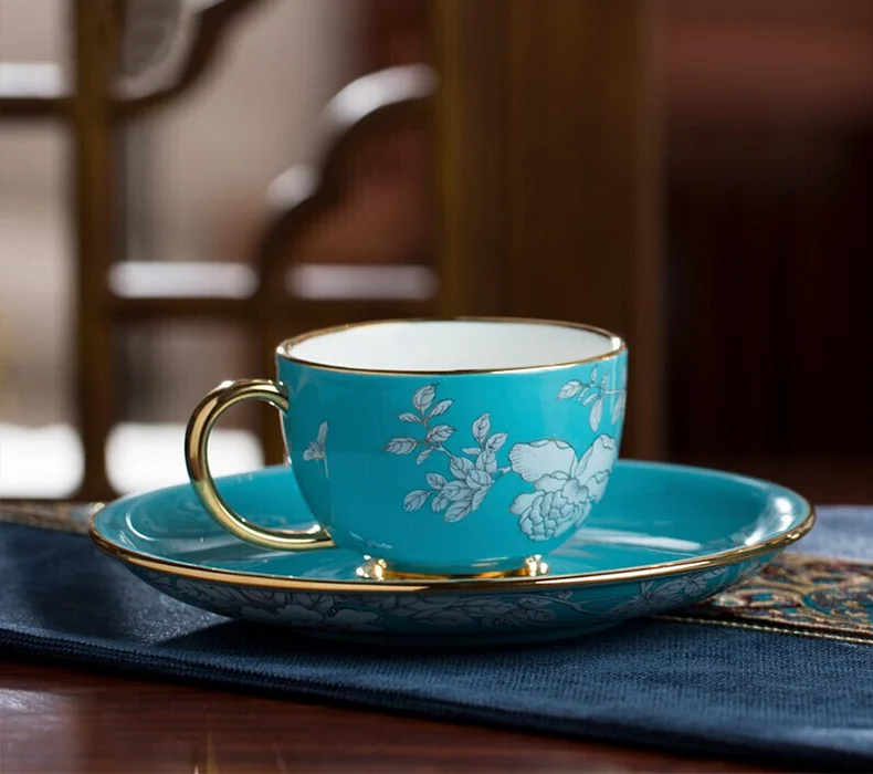 茶櫃　牡丹　　新品未使用 精美茶具推荐·Auratic 国瓷永丰源水墨牡丹2头茶咖杯陶瓷茶杯咖啡杯150ml