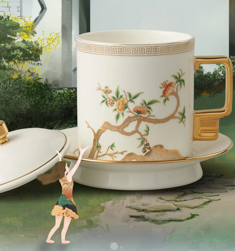 【China Direct Shipping, 10-15 days】Auratic Guochen Yongfengyuan Lady Porcelain Pomegranate Home 3 Piece Conference Cup Set (White) (350ml) detail image 6