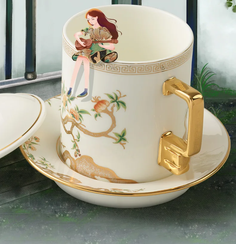 【China Direct Shipping, 10-15 days】Auratic Guochen Yongfengyuan Lady Porcelain Pomegranate Home 3 Piece Conference Cup Set (White) (350ml) detail image 9