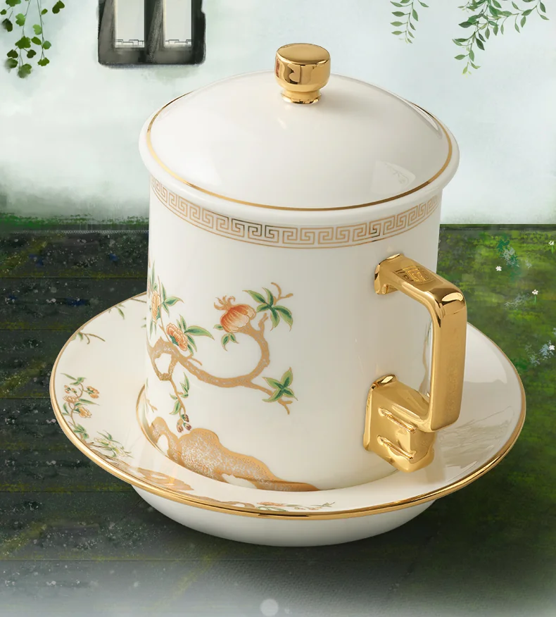【China Direct Shipping, 10-15 days】Auratic Guochen Yongfengyuan Lady Porcelain Pomegranate Home 3 Piece Conference Cup Set (White) (350ml) detail image 11