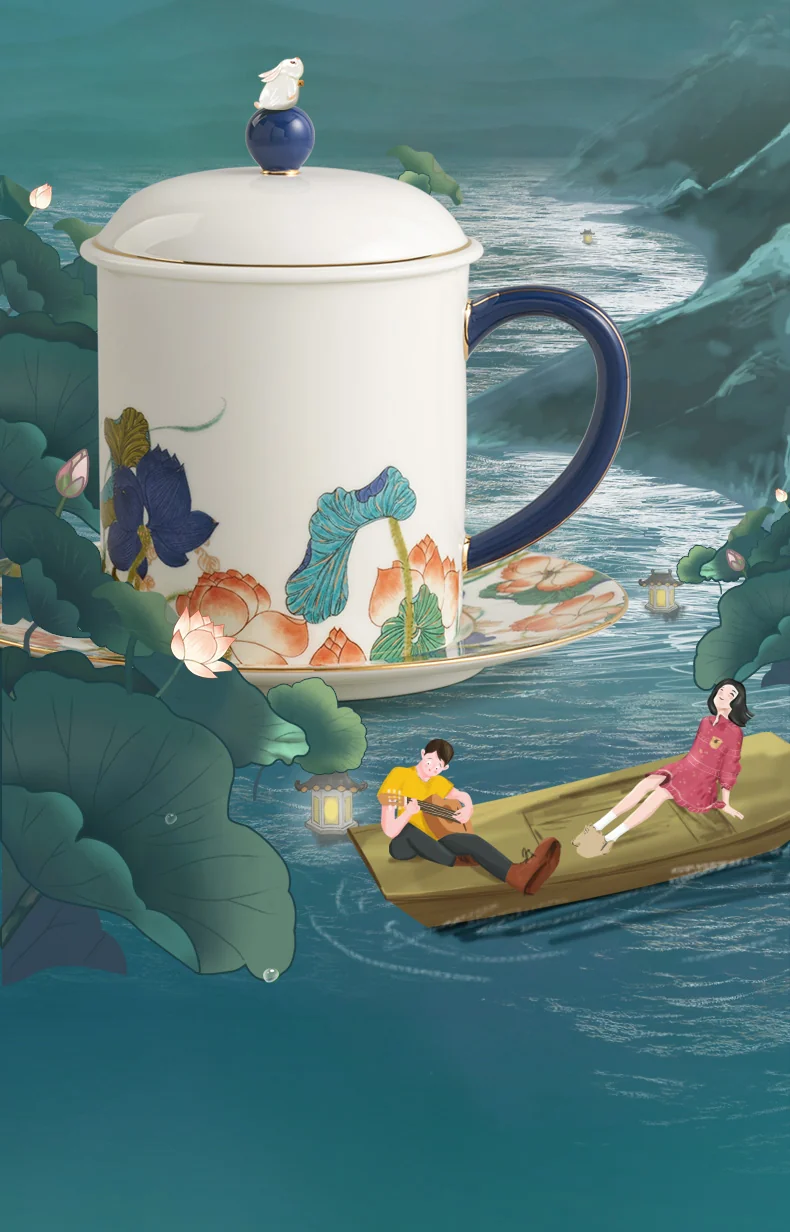 [China Direct Shipping, 10-15 days] Auratic China Porcelain Yongfengyuan Happiness and Harmony 3-piece Lidded Cup Set - Five Colours (350ml) detail image 7
