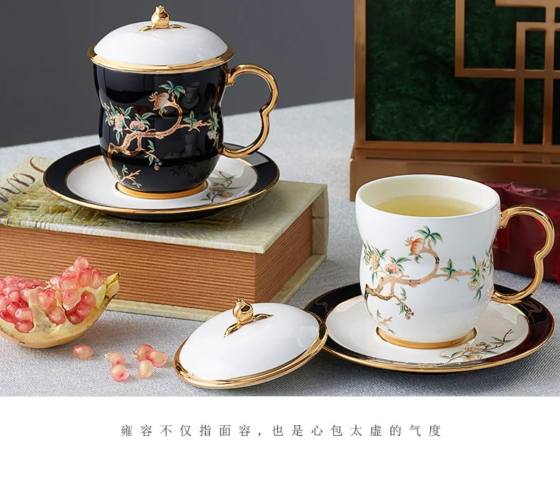 【China Direct Shipping, 10-15 days】Auratic China Porcelain Yongfeng Yuan Lady Porcelain Pomegranate Home 3 Piece Lidded Cup Set(240ml) Black detail image 12
