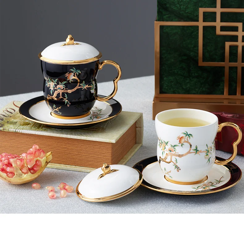 【China Direct Shipping, 10-15 days】Auratic China Porcelain Yongfeng Yuan Lady Porcelain Pomegranate Home 3 Piece Lidded Cup Set(240ml) Black detail image 6