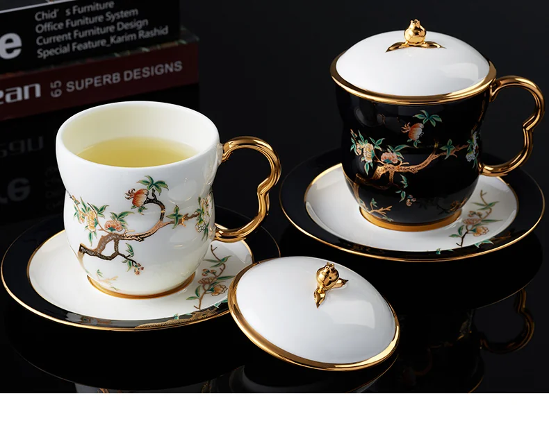 【China Direct Shipping, 10-15 days】Auratic China Porcelain Yongfeng Yuan Lady Porcelain Pomegranate Home 3 Piece Lidded Cup Set(240ml) Black detail image 10