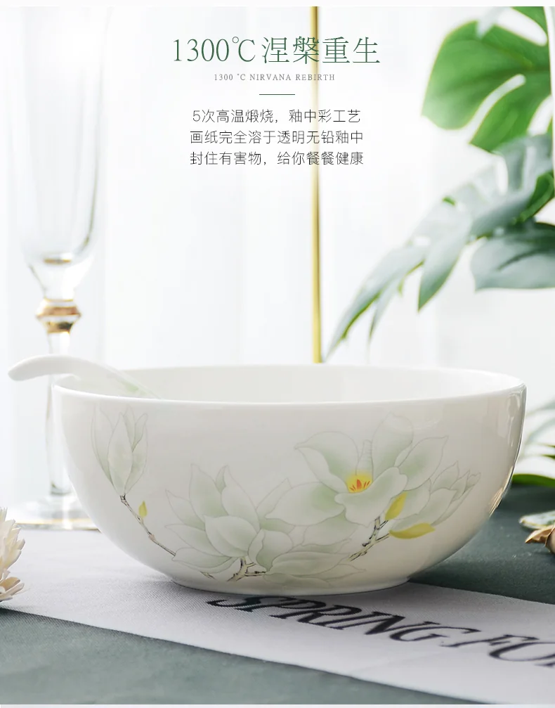 【下架】华光国瓷抗菌瓷骨瓷餐具套装 碗碟套装盘子碗碟勺中式餐具—白玉兰20头 detail image 4
